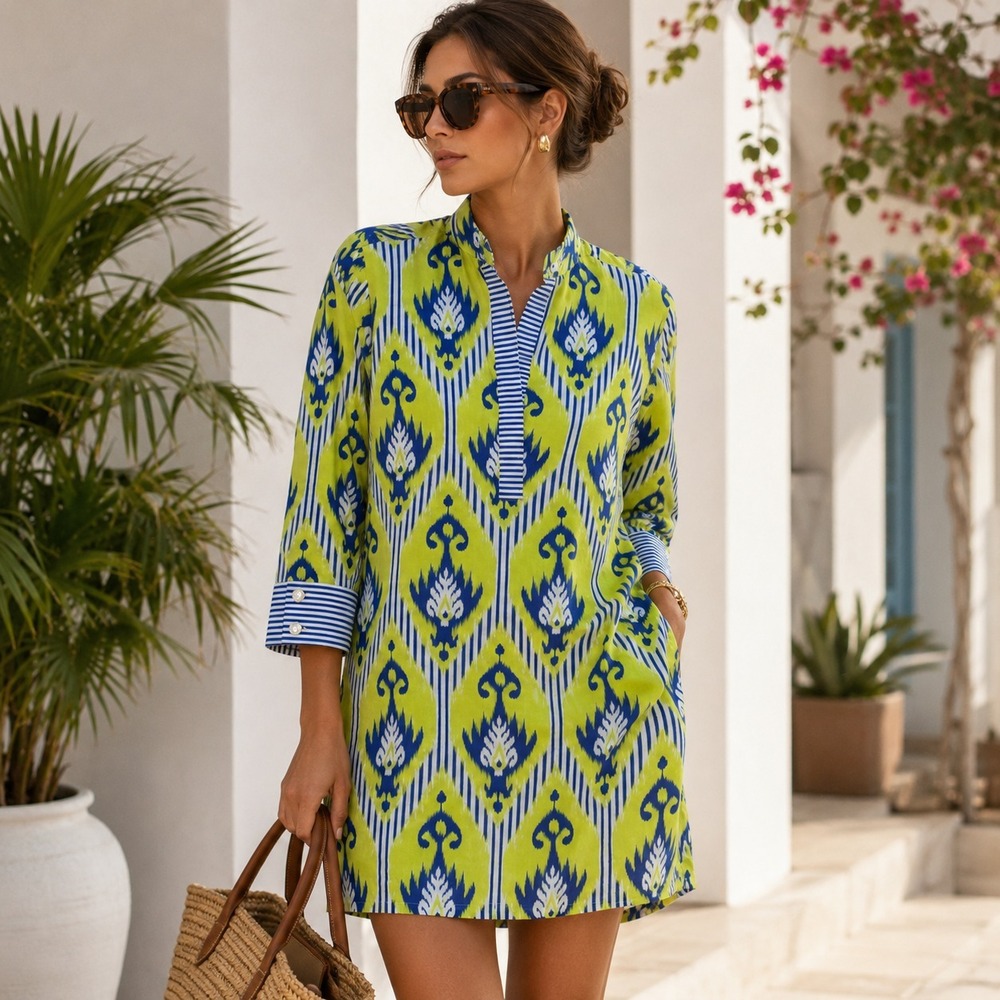 Gretchen Scott Ikat Tunic Dress XS Green Blue Cotton Preppy Resort Shift
